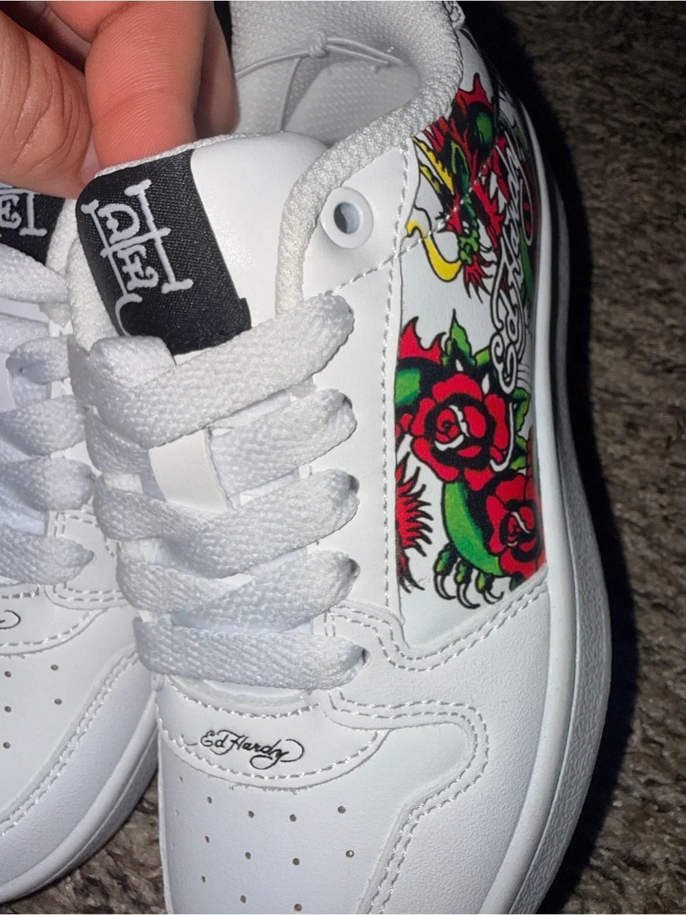 Ed Hardy White Sneakers with Red Rose and Green Leaf Side Art